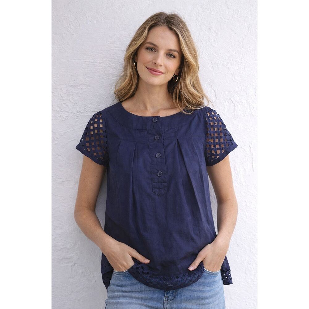 NWOT Isaac Mizrahi Navy Eyelet Sleeve Blouse Cotton Small Boho